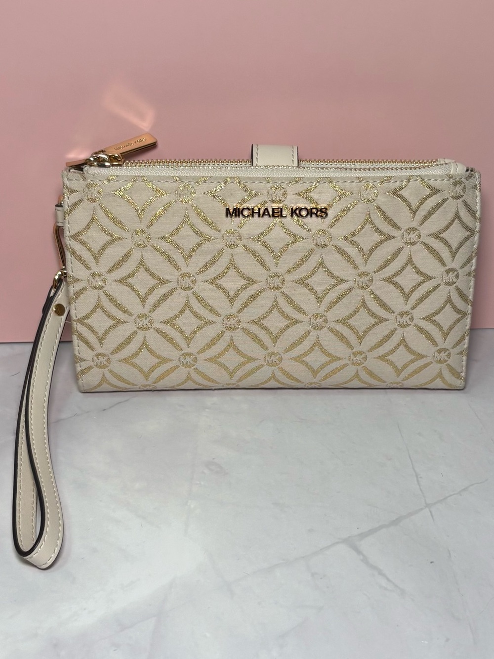 Michael Kors Cream Wallet Wristlet With Metallic Gold Accents
